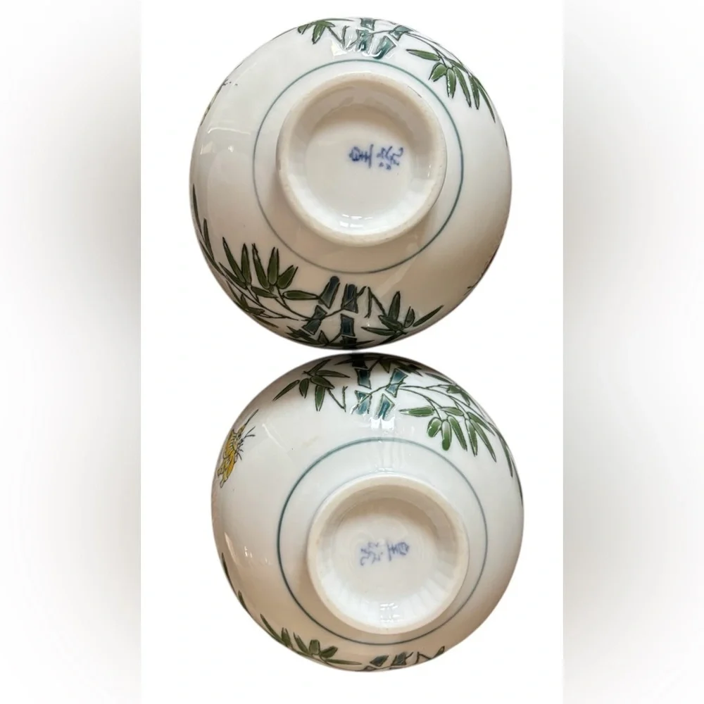 Hand-Painted Chinese small Porcelain rice Bowls 2  hand stamped bamboo butterfly